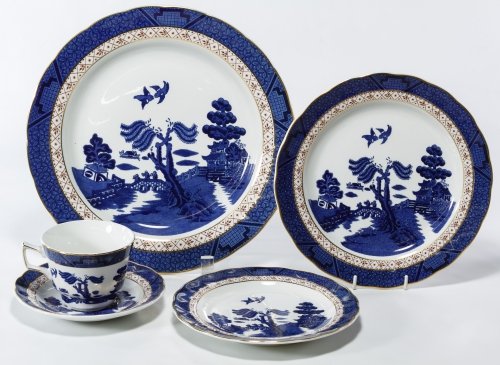 Royal Doulton 'Real Old Willow' China Service: Royal Doulton 'Real Old Willow' China Service c.2004 with gold rings, including (12) dinner plates, (12) salad plates, (12 bread plates, (11) saucers and (12) cups; made in China Diameter: 10.75 inche