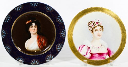 Victorian Portrait Plates: Victorian Portrait Plates Two items including an unmarked trivet featuring a hand painted crowned female and a printed portrait plate with hand painted highlights, signed 'Vollant' and with a Viennese