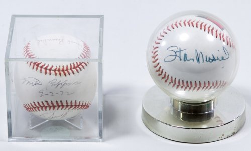 Stan Musial Autographed Baseball: Stan Musial Autographed Baseball Two items including a 125th anniversary 'Fotoball' marked baseball with a blue ink Stan Musial signature and a c.1972 Rawlings baseball with five signatures; both with