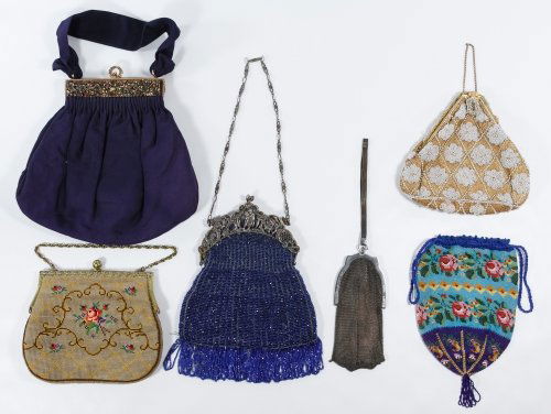 Antique to Vintage Purse Assortment: Antique to Vintage Purse Assortment Six purses including beaded, needlepoint and a mesh example by Whiting and Davis Length: 18.00 inches, Width: 7.00 inches (blue purse) Category: Clothing & Accessor