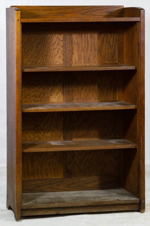 Mission Oak Book Case by Gustav Stickley: Mission Oak Book Case by Gustav Stickley c.1920, having four interior shelves, embossed red maker mark on the inside and attached Craftsman Workshops paper label en verso Height: 56.00 inches, Width: 