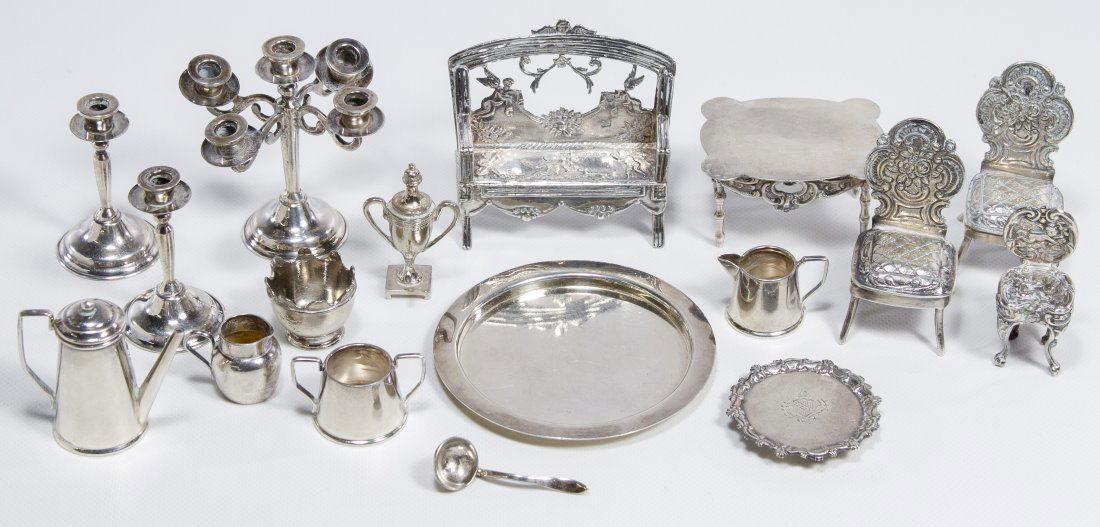 Sterling Silver Dollhouse Furniture Assortment: Sterling Silver Dollhouse Furniture Assortment Fourteen items including a tea service, table, chairs, bench and candleholders; three chairs and the table were produced in Germany, the bench was produc