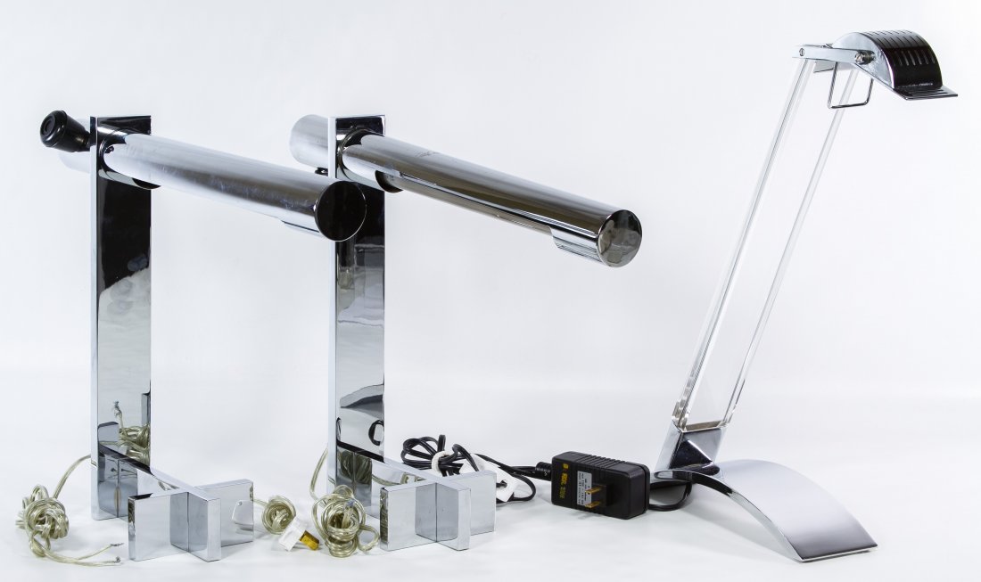 Mid-Century Modern Casella Desk Lamps: Mid-Century Modern Casella Desk Lamps Including a pair of marked 'Casella Lighting' chrome desk lamps and a Spanish chrome and Lucite adjustable desk lamp Height: 14.00 inches, Width: 16.00 inches (ca