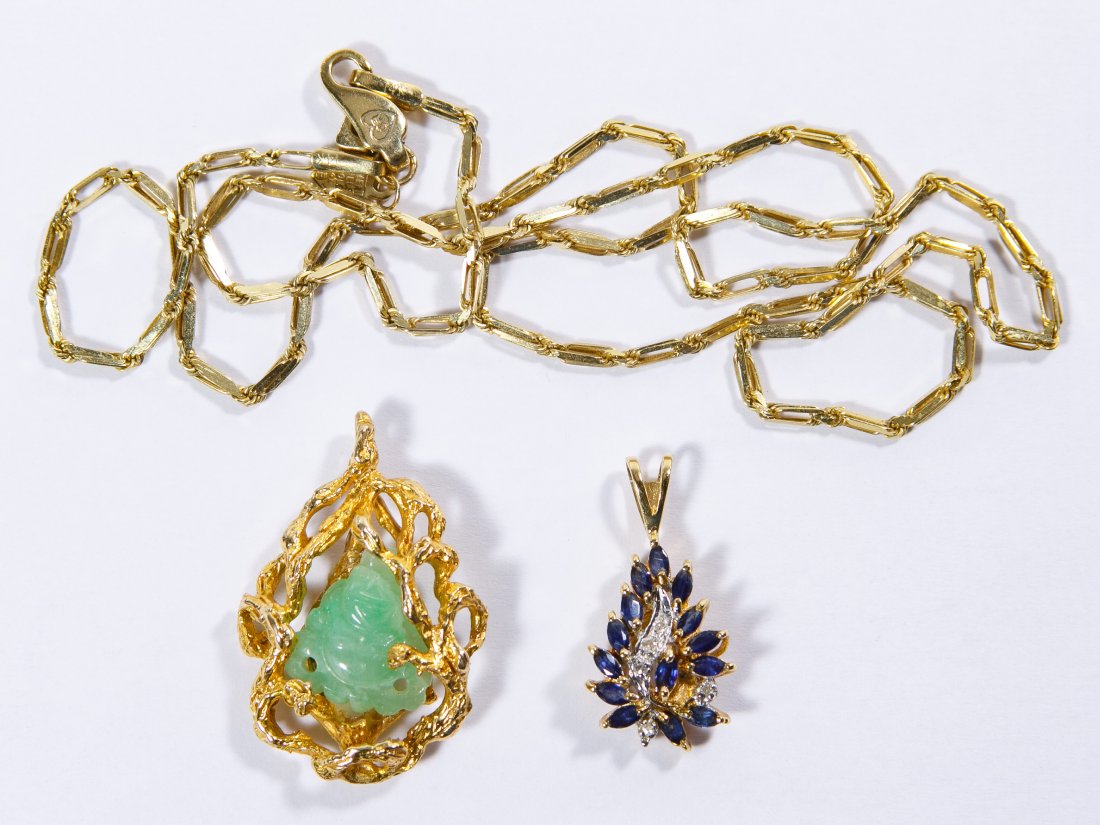 14k Gold Jewelry Assortment: 14k Gold Jewelry Assortment Including a necklace and two pendants with one having marquis cut spinels and round cut diamond chips and the other having a carved jadeite jade Buddha; all marked 14k Leng