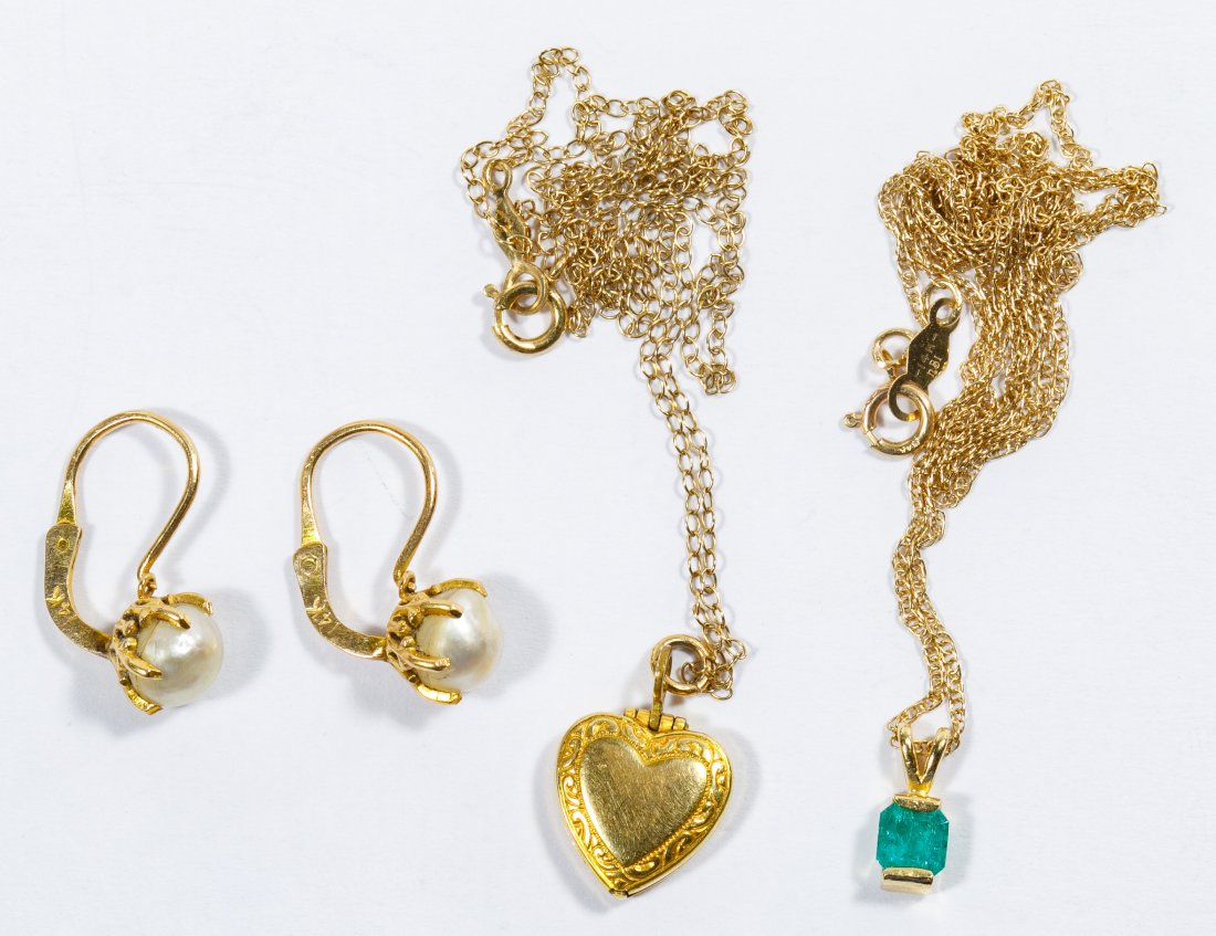 14k Gold Jewelry Assortment: 14k Gold Jewelry Assortment Including pearl earrings, two necklaces and a pendant; all marked 14k; together with a gold filled heart-shaped locket pendant Weight: 2.51 dwts. (total weight) Category: J