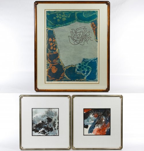 Fumio Fujita (Japanese, b.1933) Woodblock Print: Fumio Fujita (Japanese, b.1933) Woodblock Print 1968, signed lower left, numbered 6/100, depicting abstract shapes; together with two undated abstract prints by James Kuo (American, 1920-1995) Height: