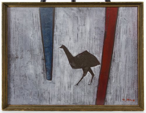 Tadashige Ono (Asian, 20th Century) Painting: Tadashige Ono (Asian, 20th Century) Painting Undated, signed lower right, depicting abstract shapes and an ostrich style bird; painted symbols en verso Height: 17.25 inches, Width: 23.25 inches (sight