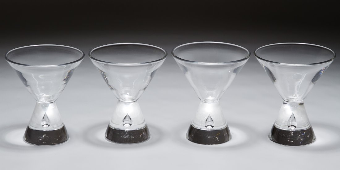 Steuben Teardrop Martini Glasses: Steuben Teardrop Martini Glasses Including four Steuben marked glasses with tear drop accented feet Height: 4.00 inches, Diameter: 3.00 inches (all) Category: Crystal > Steuben Shipping Status: Leonar