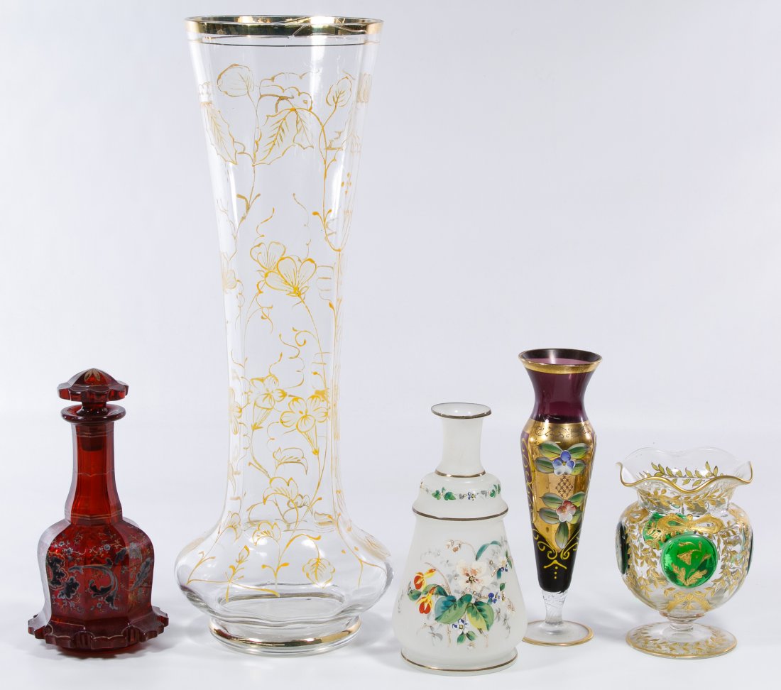 Moser Style Glass Assortment: Moser Style Glass Assortment Five items with painted, gilt and moriage decoration including four vases and a decanter Height: 17.50 inches (tallest) Category: Glass > English Shipping Status: Due to s
