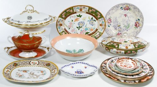Ceramic Dish Assortment: Ceramic Dish Assortment Including examples from Mottahedeh, Staffordshire, Limoges, Spode, Ironstone, Tiffany & Co. and Royal Crown Derby Diameter: 10.50 inches (largest bowl) Category: Porcelain & Ce