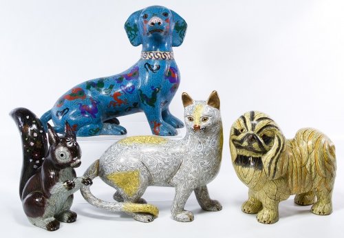 Asian Cloisonne Animal Assortment: Asian Cloisonne Animal Assortment Including four contemporary figurines of a squirrel, two dogs and a cat Height: 12.00 inches (blue dog) Category: Decorative Arts > Asian Tax Status: Subject to an 8.