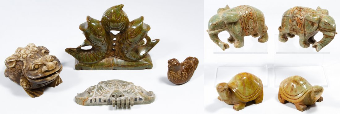 Asian Carved Stone Figurines: Asian Carved Stone Figurines Including twelve contemporary items with animal, totem and comb motifs Height: 5.00 inches (fish) Category: Decorative Arts > Asian Shipping Status: Leonard Auction, Inc. 