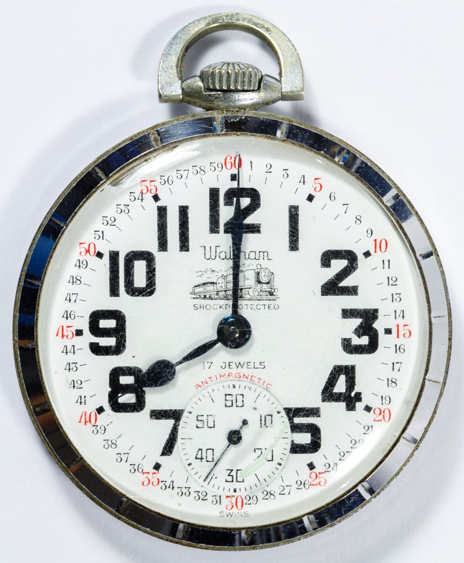 Waltham Railroad Open Face Pocket Watch: Waltham Railroad Open Face Pocket Watch Having a seventeen jewel Swiss movement; stem wind and set, back engraved with train engine Diameter: 1.88 inches Size: 16s Category: Jewelry & Timepieces > Wat