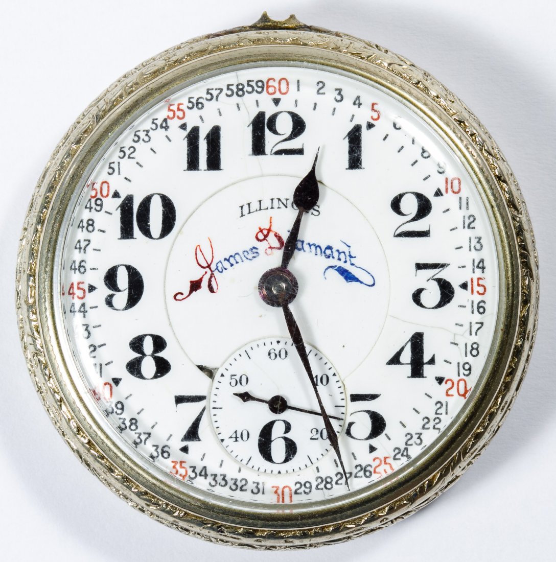 Illinois 'Bunn Special' Open Face Pocket Watch: Illinois 'Bunn Special' Open Face Pocket Watch Having a 14k white gold filled case with serial #4253643 works dating to 1923, twenty-one jewel movement; face having the name James Diamant hand painted