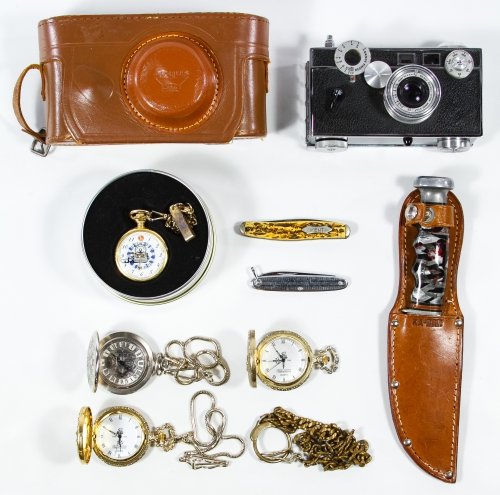 Camera, Pocket Watches and Knives Assortment: Camera, Pocket Watches and Knives Assortment Including an Argus Rangefinder 50mm camera with leather case, a Union Cutlery Ka-Bar knife, a Kent pocket knife and four commemorative pocket watches Lengt