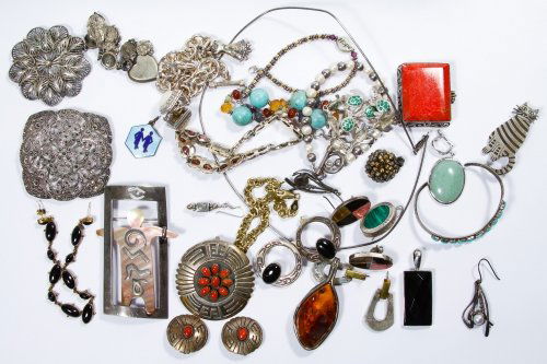 Sterling Silver Jewelry Assortment: Sterling Silver Jewelry Assortment Including necklaces, pins and earrings, some with gemstones or adornments; most marked 925 or sterling; one marked 835, another David Andersen Length: 18.00 inches (