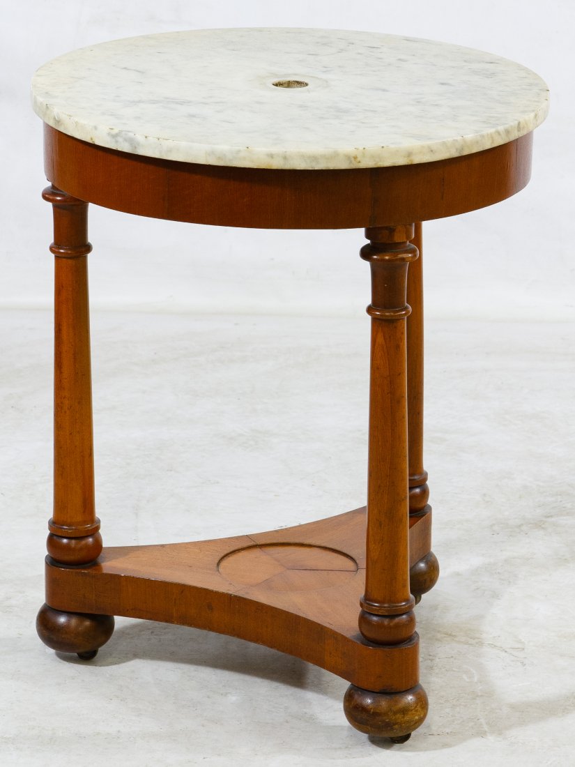 Biedermeier Style Marble Top Table: Biedermeier Style Marble Top Table Having a round, white marble top with drilled out center hole and tripod stand Height: 25.50 inches, Diameter: 21.00 inches Category: Furniture > Continental Shippin
