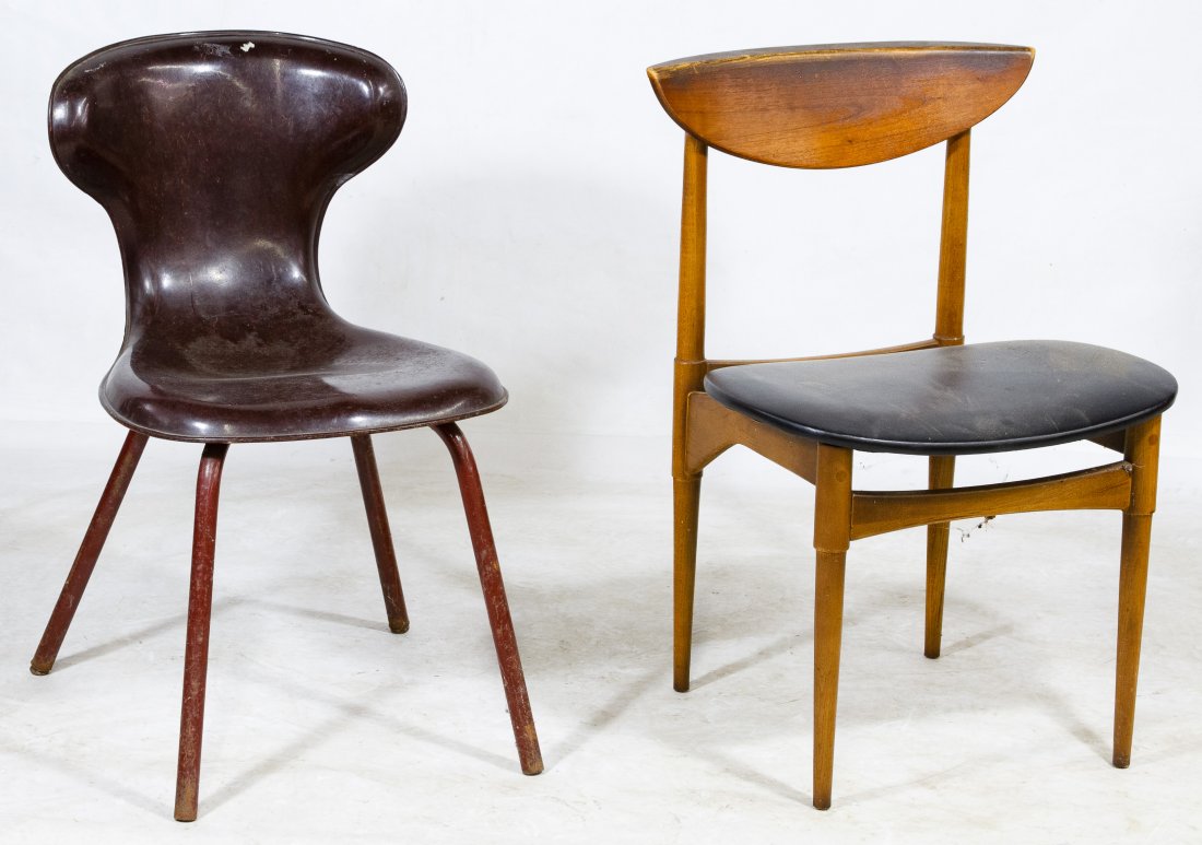 Mid-Century Modern Chair by Lane: Mid-Century Modern Chair by Lane c.1970, having a black vinyl cushion; together with fiberglass chair with a metal base Height: 30.25 inches, Width: 20.50 inches, Depth: 18.00 inches Category: Furnitu