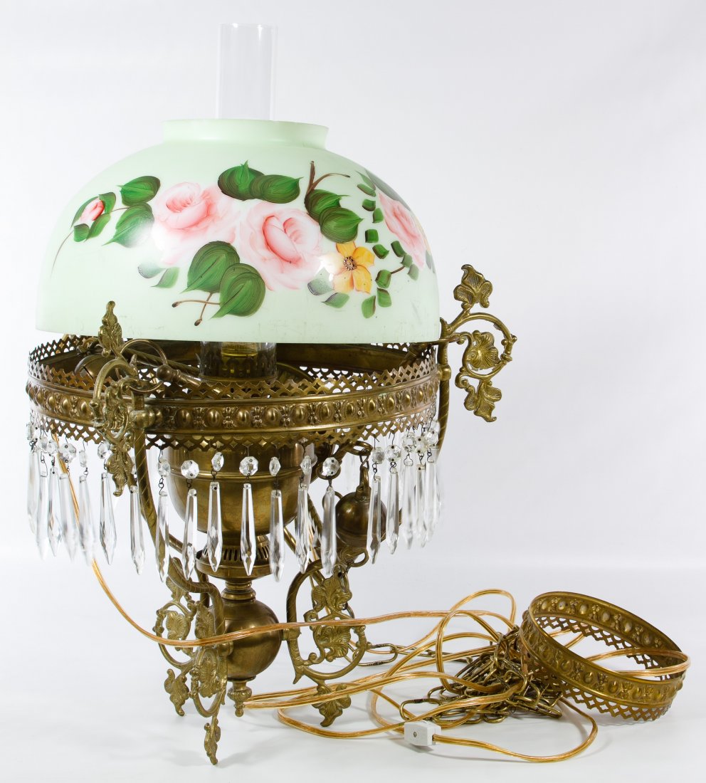 Victorian Hanging Lamp by John Scott: Victorian Hanging Lamp by John Scott Having a brass frame with crystal pendants and a painted glass shade; electrified Height: 36.00 inches, Diameter: 14.00 inches (lamp) Category: Decorative Arts > L