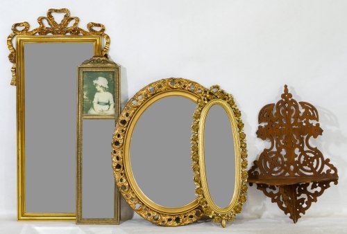 Wall Mirror Assortment: Wall Mirror Assortment Four mirrors; together with a wood shelf bracket, a wall shelf, a planter stand, candle stands and sticks, a basket, a frame and a book Height: 38.00 inches, Width: 18.50 inches
