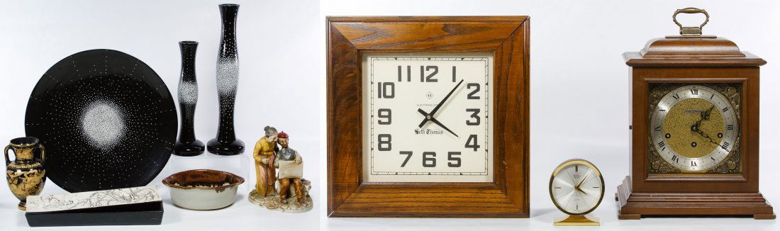 Decorative Object Assortment: Decorative Object Assortment Including a ceramic box, lacquer ware center bowl, candle holders, a figurine, an oak cased Seth Thomas battery operated wall clock, a mahogany Seth Thomas 'Legacy V' mant
