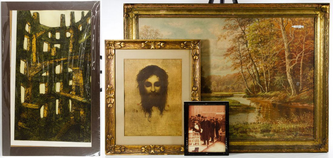 Dean Meeker (American, 1920-2002) 'Tower of Babel': Dean Meeker (American, 1920-2002) 'Tower of Babel' Lithograph Undated, pencil signed en verso; together with an Unknown Artist (20th Century) 'Landscape' print, religious print and reproduction photo