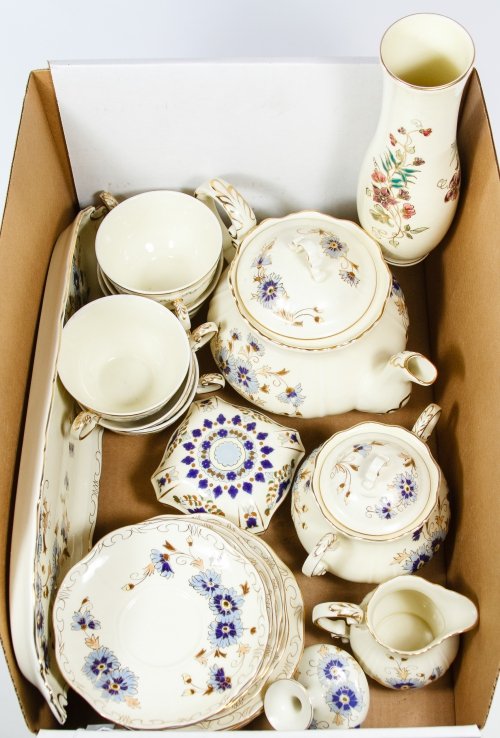 Zsolnay Hungarian Ceramic Tea Set: Zsolnay Hungarian Ceramic Tea Set Including a teapot, a creamer, a sugar bowl, a vase, a square bowl, an oval tray (6) dessert plates, (6) saucers and (6) coffee cups; together with a Zsolnay vase of