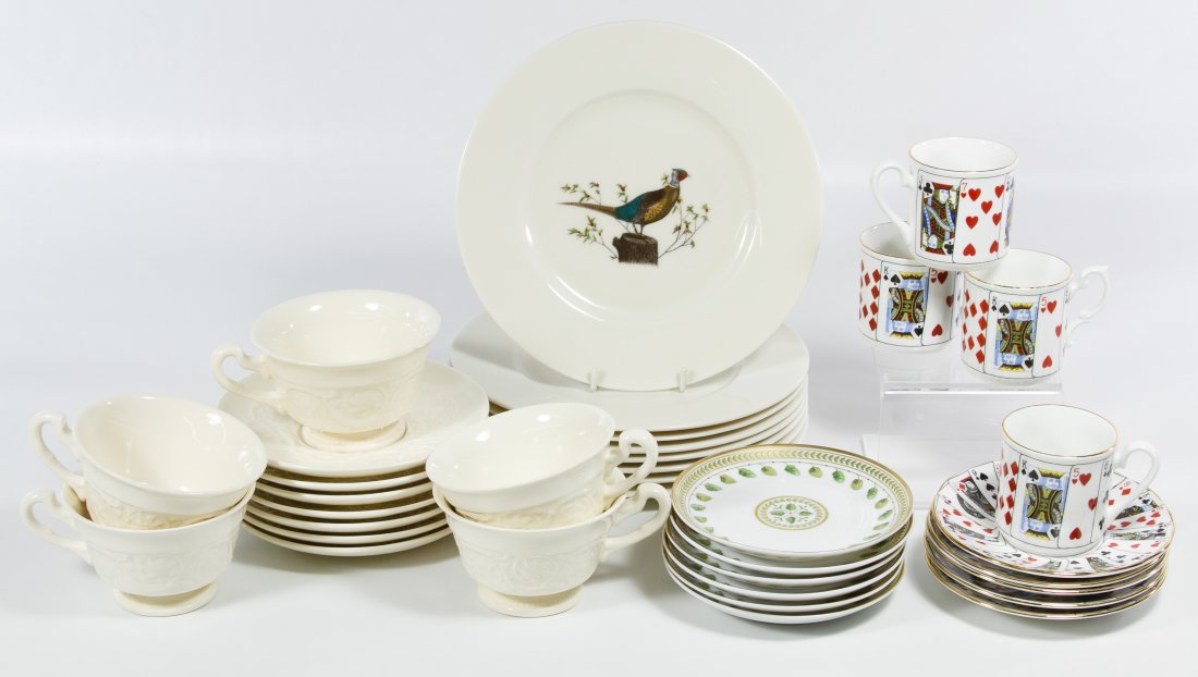 Ceramic Dish Assortment: Ceramic Dish Assortment Including dishes, saucers and coffee cups with examples from Bernardaud Limoges, Elizabethan Staffordshire, Wedgwood and Delano Studios Diameter: 8.50 inches (largest plate) Ca