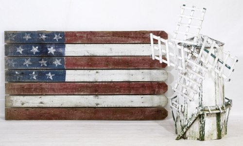 Painted Wood Folk Art American Flag and Windmill: Painted Wood Folk Art American Flag and Windmill Two items including a painted fence board American flag and a white painted model of a windmill Height: 26.00 inches, Width: 46.00 inches (flag) Catego