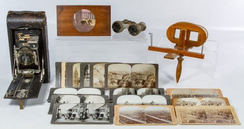 Stereoview Cards, Camera and Opera Glasses Assortment: Stereoview Cards, Camera and Opera Glasses Assortment Including eighteen stereoview cards with examples from Keystone, Underwood and Universal Photo Art; a McIntosh painted glass slide, a stereo view