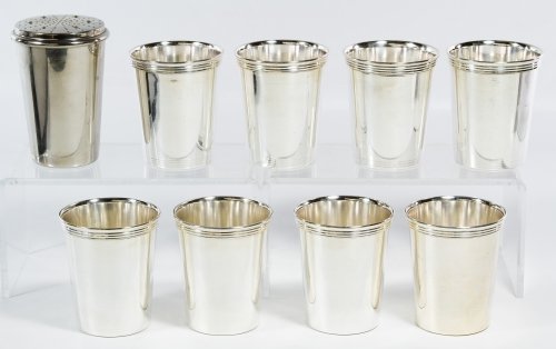Silverplate Cocktail Shaker and Eight Mint Julep Cups: Silverplate Cocktail Shaker and Eight Mint Julep Cups Including eight julep cups marked 'Patrick Henry MF Spain' on the undersides and a shaker marked 'Germany' with twelve shot glasses and other acce