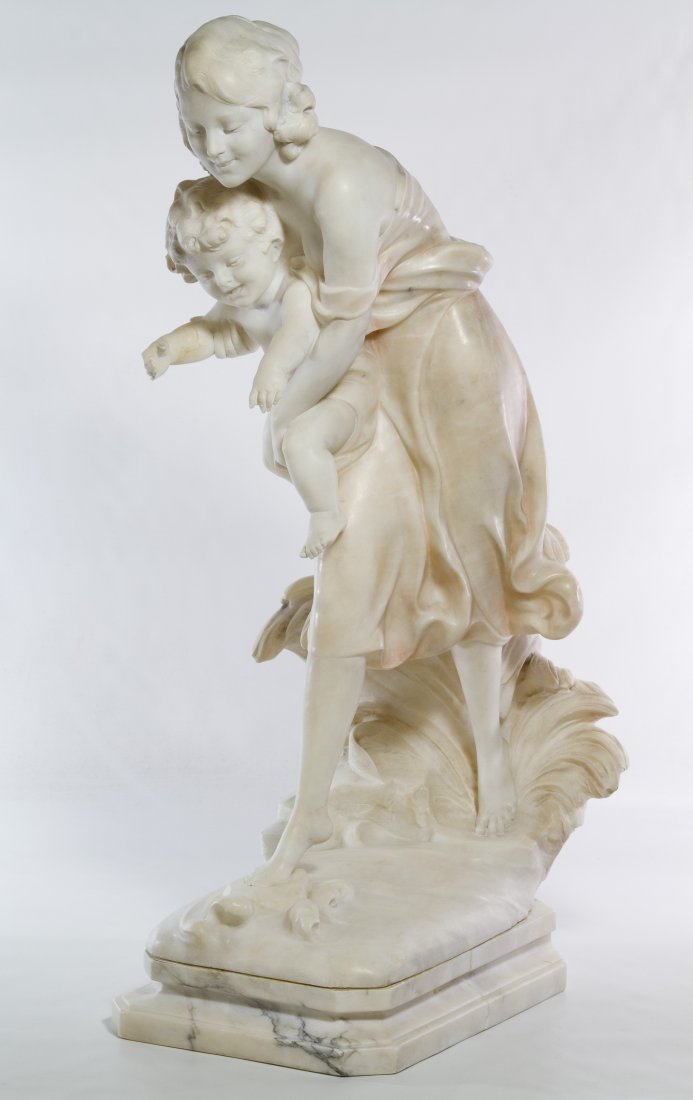 (After) Prof. G. Bessi (Italian, 1857-1922) Carved: (After) Prof. G. Bessi (Italian, 1857-1922) Carved Marble Statue White marble carved mother and child grouping stepping into wavy water; signature near the base; drilled hole at base; mounted onto a r