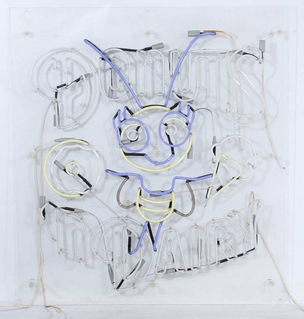 Neon 'Donuts 'n Dairy' Sign: Neon 'Donuts 'n Dairy' Sign Having a bumble bee motif holding an ice cream cone and a donut in yellow and blue tones on a plastic mount; together with a box of parts Height: 52.00 inches, Width: 47.00