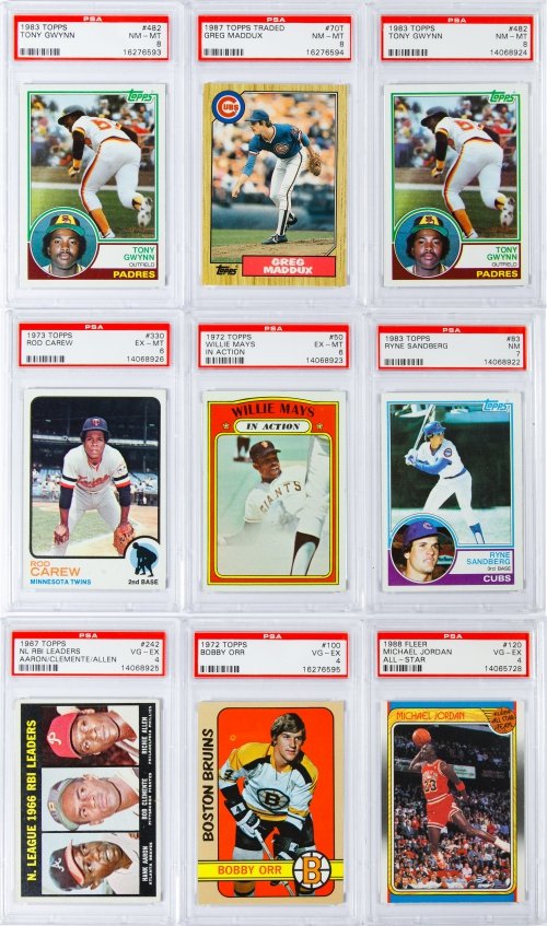 Topps and Fleer PSA Graded Sports Card Assortment: Topps and Fleer PSA Graded Sports Card Assortment Nine items including two 1983 Topps #482 PSA 8, 1987 Topps #70T PSA 8, 1983 Topps #83 PSA 7, 1972 Topps #50 PSA 6, 1973 Topps #330 PSA 6, 1972 Topps #