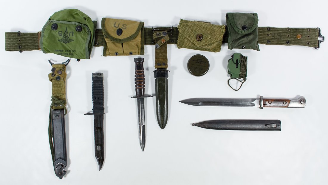 Korean War Era US Army Daggers, Compass and Belt: Korean War Era US Army Daggers, Compass and Belt Including a canvas belt with a 1951 marked ammo pocket, a Cammenga military Lensatic compass with instructions, a WP 'Perkum' marked Polish bayonet wit