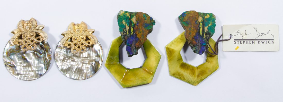 Stephen Dweck Clip Earring Assortment: Stephen Dweck Clip Earring Assortment Two pair of signed earrings with one have metal clips holding removable mother of pearl drops and the other having azurite / malachite slab clips holding removabl