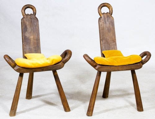 Carved Wood Birthing Stools: Carved Wood Birthing Stools Pair of three legged, unmarked chairs with velvet cushions Height: 28.00 inches, Width: 19.00 inches, Depth: 17.00 inches (both) Category: Furniture > Continental Shipping 