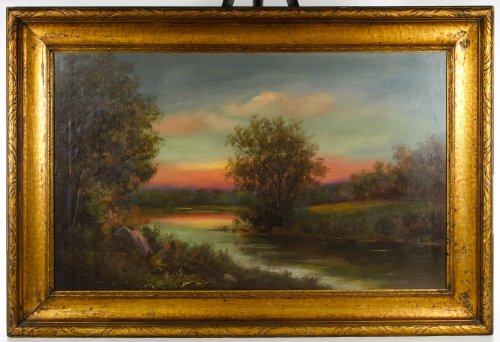 Unknown Artist (American, 19th / 20th Century) 'Sunset': Unknown Artist (American, 19th / 20th Century) 'Sunset' Oil on Canvas Board Undated, illegibly signed lower left, depicting a sunset over trees and a stream of water Height: 21.25 inches, Width: 35.00