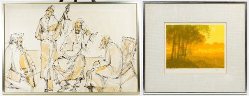 Unknown Artist (20th Century) 'Hebrew Trio' Drawing on: Unknown Artist (20th Century) 'Hebrew Trio' Drawing on Canvas Undated, illegibly signed middle right, depicting three Hebrew musicians and a conductor; together with Jack Hagman (American, 20th Centur