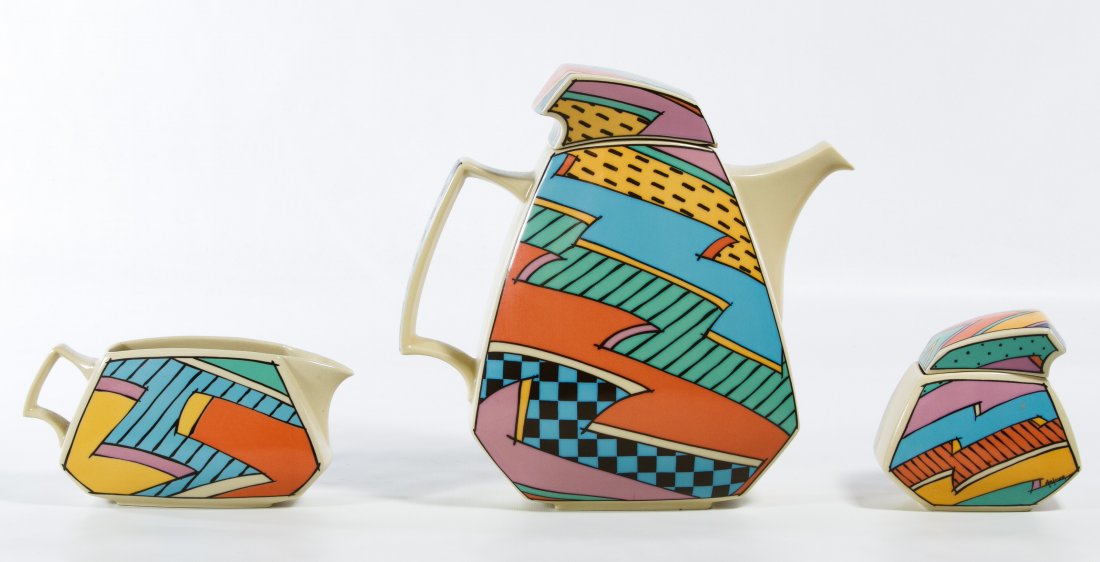 Rosenthal 'Flash' Teapot, Creamer and Sugar Bowl: Rosenthal 'Flash' Teapot, Creamer and Sugar Bowl Three Dorothy Hafner designed items including a teapot with lid, a sugar bowl with lid and a creamer; all marked 'Rosenthal' on the undersides Height: