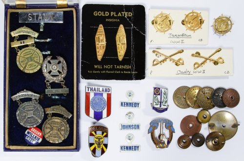 World War II Era Military, Marksmanship and Political: World War II Era Military, Marksmanship and Political Pin Assortment Including World War II cavalry and transportation pins, a Belgium enamel pin, National Rifle Association marksman badges, Polish bu