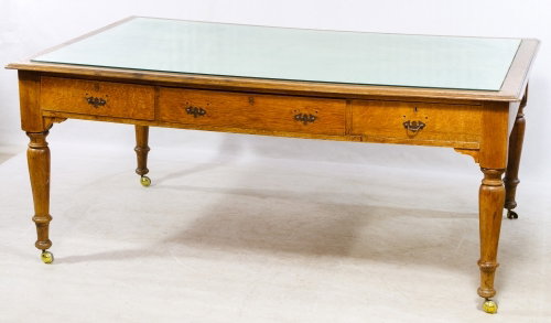 Oak Partner Desk: Oak Partner Desk Having drawers on two sides, caster wheels and a glass top Height: 30.00 inches, Width: 72.00 inches, Depth: 48.00 inches Category: Furniture > American Shipping Status: Due to size, 