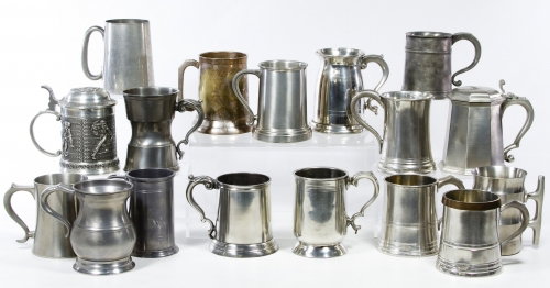 Pewter Tankard Assortment: Pewter Tankard Assortment Seventeen items with many having English hallmarks and examples from Sheffield, Gorham, James Yates, Sautauer Zinn, Reed & Barton and Newburyport Towle Height: 5.25 inches (t