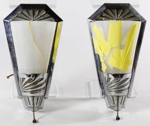 Art Deco Metal Wall Sconces: Art Deco Metal Wall Sconces c.1920, two sconces with glass shades, both are labeled 'Strap' and numbered 53 en verso Height: 9.00 inches, Width: 5.00 inches Category: Decorative Arts > Lamps Shipping