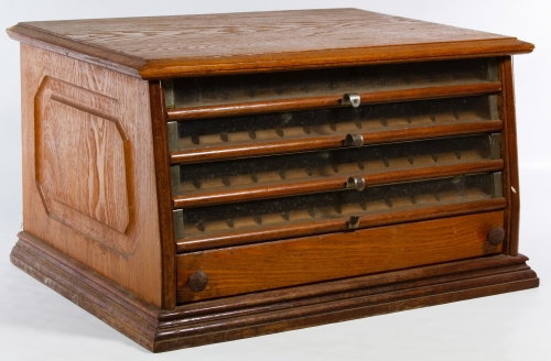 Oak Spool Cabinet: Oak Spool Cabinet Having four drawers with glass fronts and compartments for threads and a fifth drawer with solid oak front; unmarked counter top display Height: 12.00 inches, Width: 22.00 inches, De