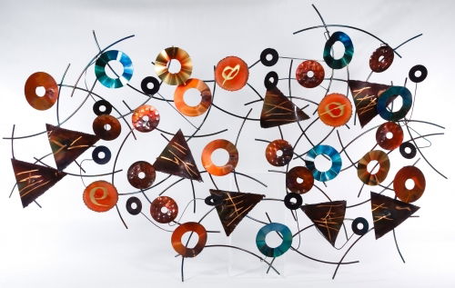 Curtis Jere Style Metal Wall Sculpture: Curtis Jere Style Metal Wall Sculpture c.2003, signed lower orange circle, depicting enameled circles and triangles Height: 50.00 inches, Width: 31.00 inches Category: Decorative Arts > Objects Shippi