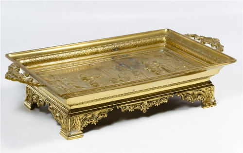 Emile Picault (French, 1833-1915) Gilded Bronze Footed: Emile Picault (French, 1833-1915) Gilded Bronze Footed Tray c.1880, signed lower left, having an Egyptian theme low relief scene Height: 4.00 inches, Width: 19.50 inches, Depth: 9.50 inches Category: 