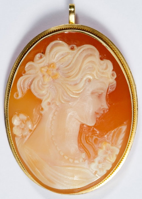 18k Gold Framed Carved Shell Cameo Pin / Pendant: 18k Gold Framed Carved Shell Cameo Pin / Pendant Stamped 750 mark on back Length: 1.50 inches Weight: 4.44 dwts. (total weight) Category: Jewelry & Timepieces > 18k Gold Shipping Status: Leonard Aucti