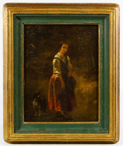Dutch School (19th Century) 'Female with Dog' Oil on: Dutch School (19th Century) 'Female with Dog' Oil on Wood Panel Undated, possibly signed lower right, depicting a nineteenth century peasant style female walking a dog Height: 10.00 inches, Width: 7.2