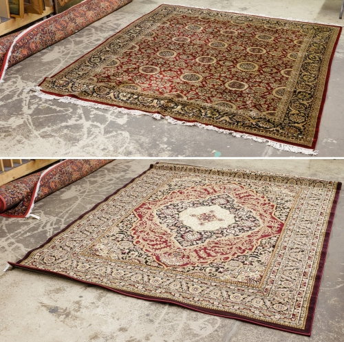 Persian Style Rugs: Persian Style Rugs Two items including a wool and silk rug with red ground and beige medallions and a light weight sythentic olefin King brand Turkish carpet Length: 119.00 inches, Width: 94.50 inches